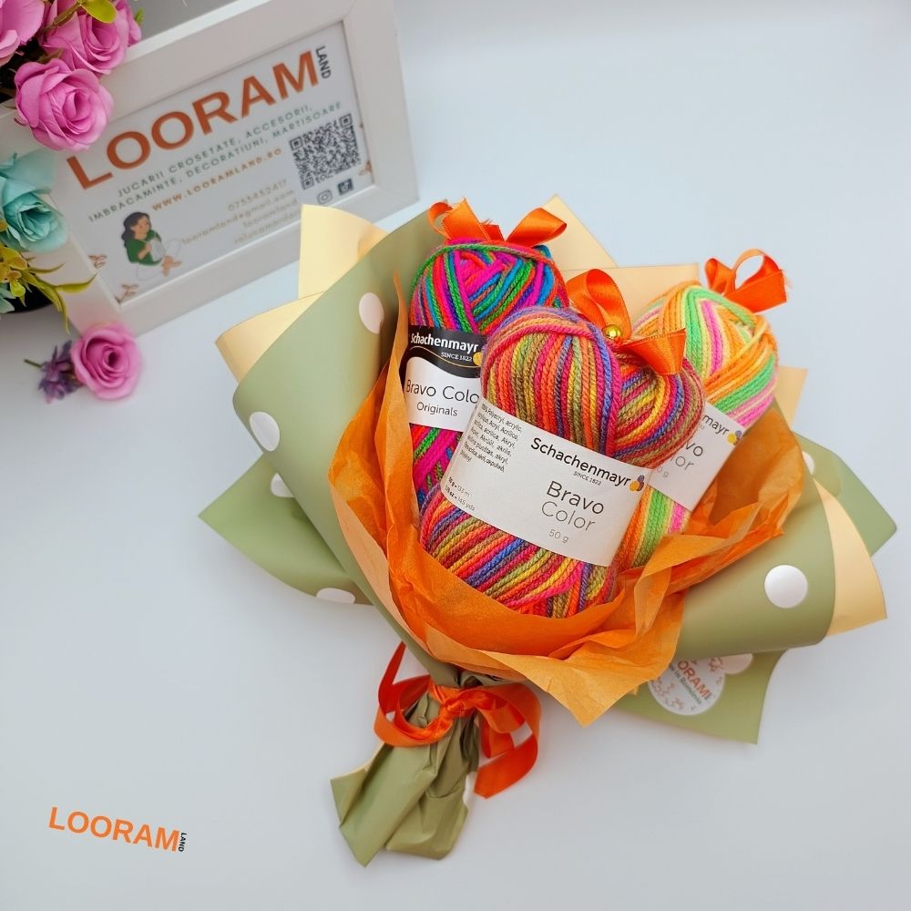 Buchet din 3 gheme multicolore Bravo Color acril 100% pentru tricotat sau croșetat