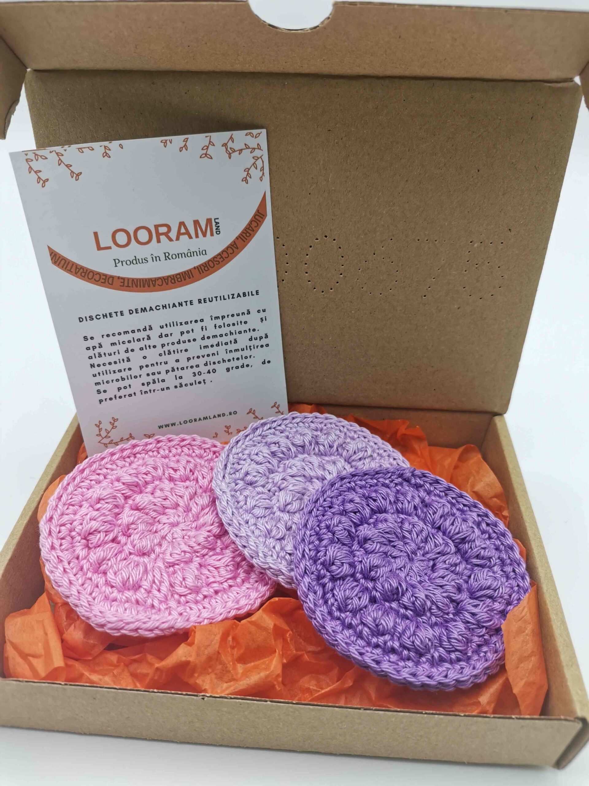 Set 3 dischete demachiante reutilizabile crosetate manual din bumbac pe comanda