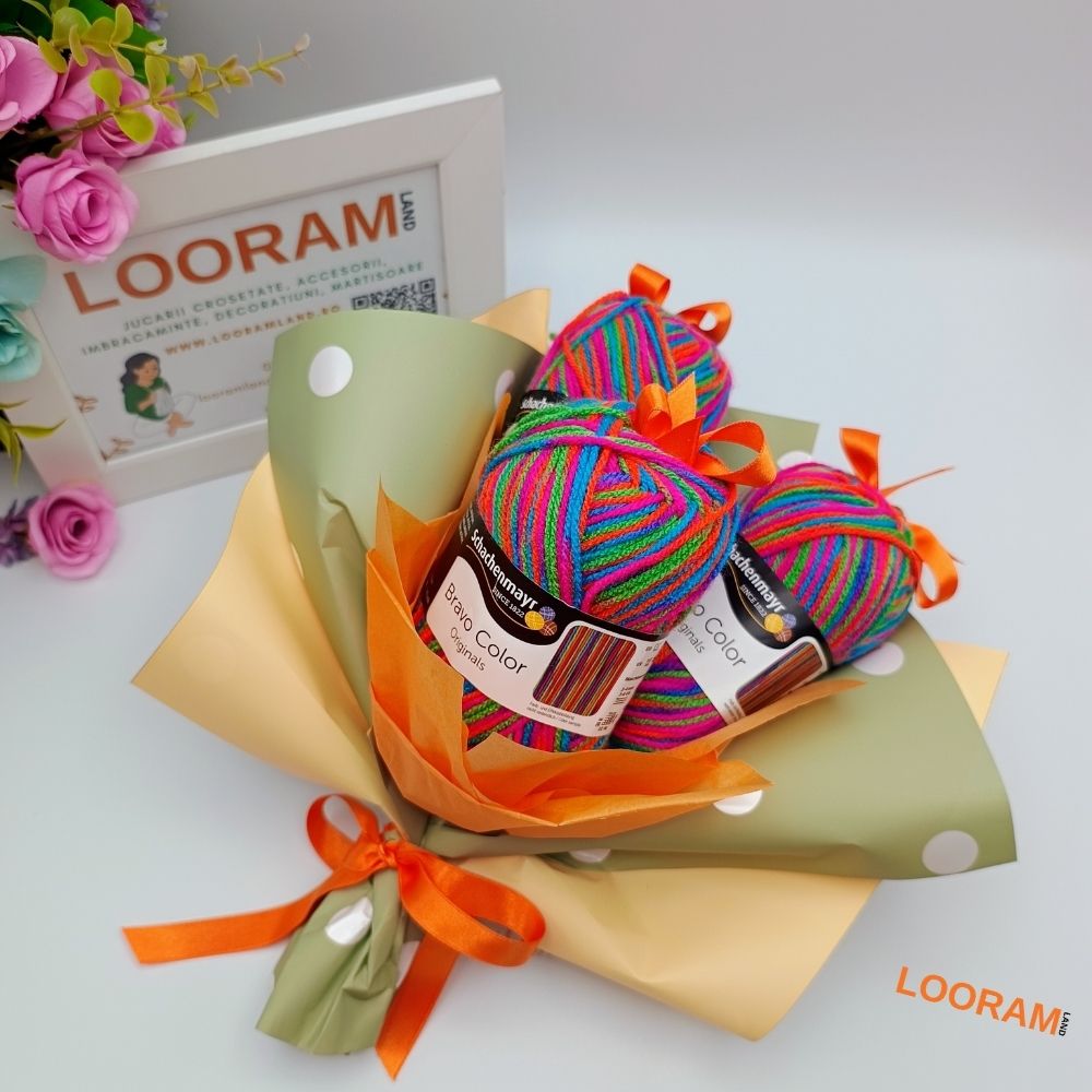 Buchet din gheme multicolore Bravo Color acril 100% pentru tricotat sau croșetat