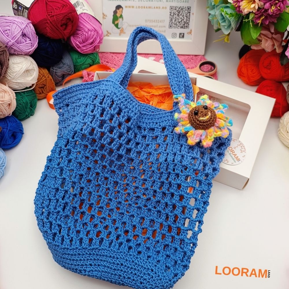 Traista bunicii sacoșă albastră croșetată manual